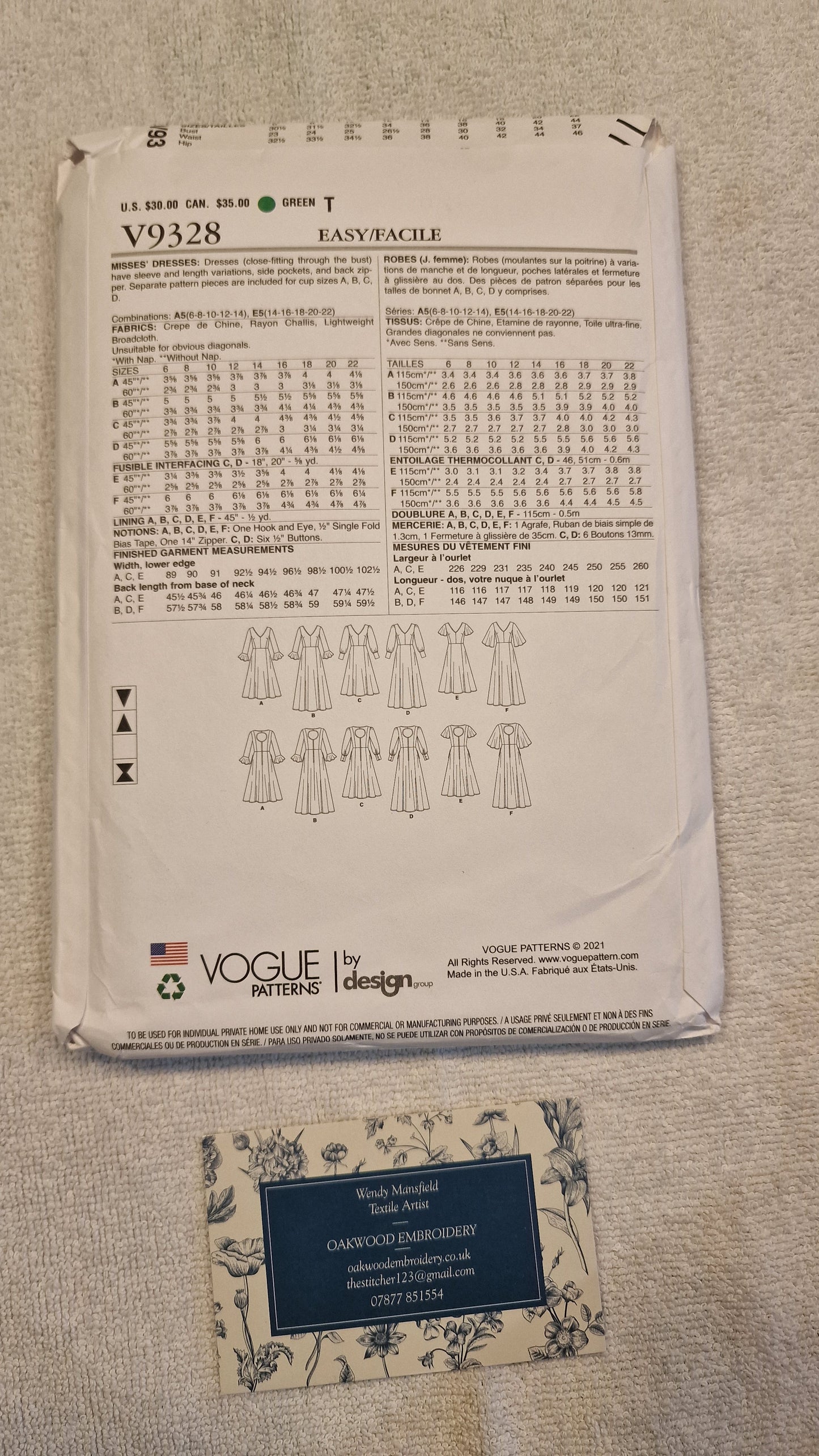 Dressmaking Pattern - Vogue Easy Option V9328 - Size 14-22