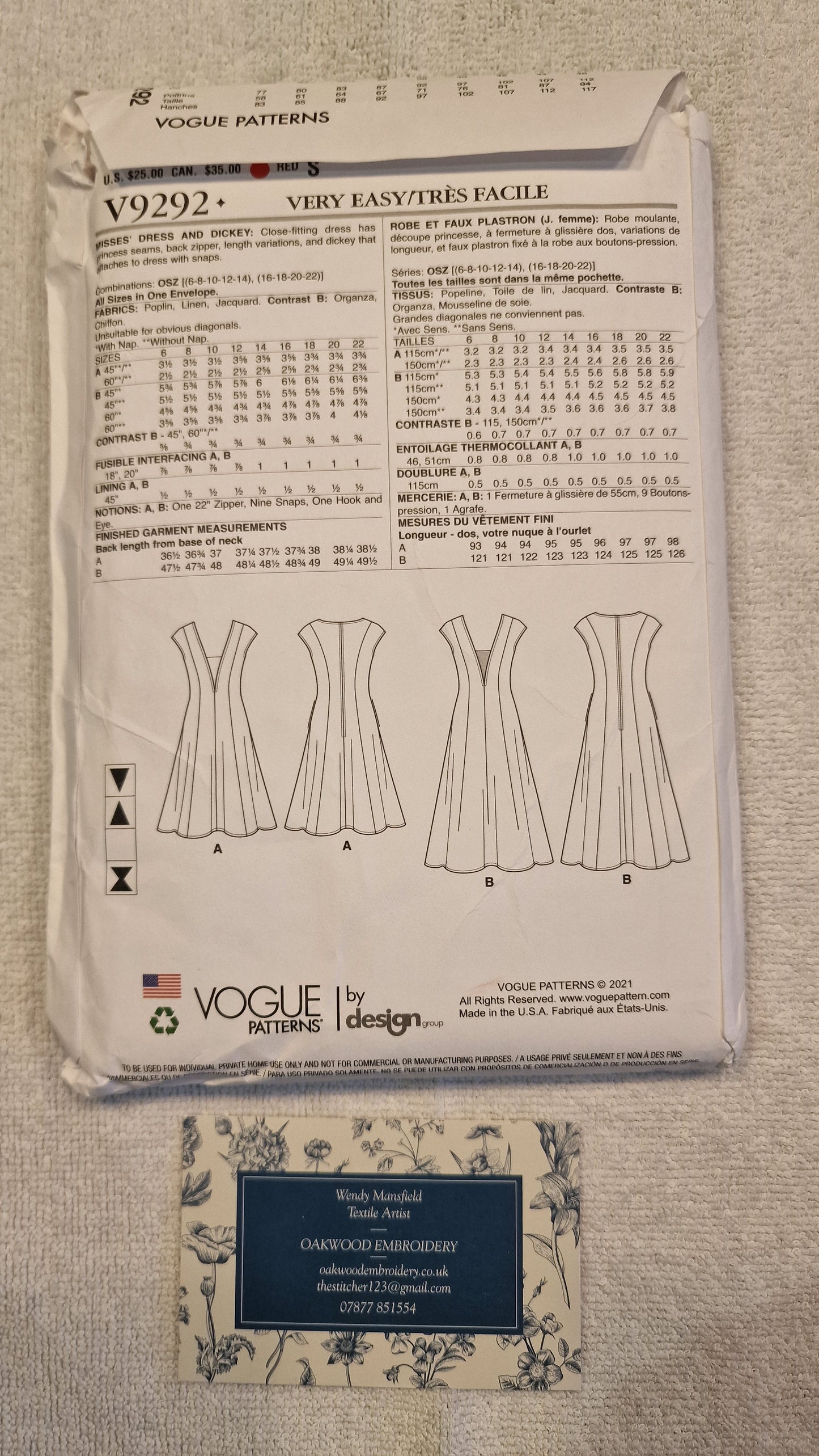 Dressmaking Pattern - Vogue V9292 - Size 6-14 and 16-22