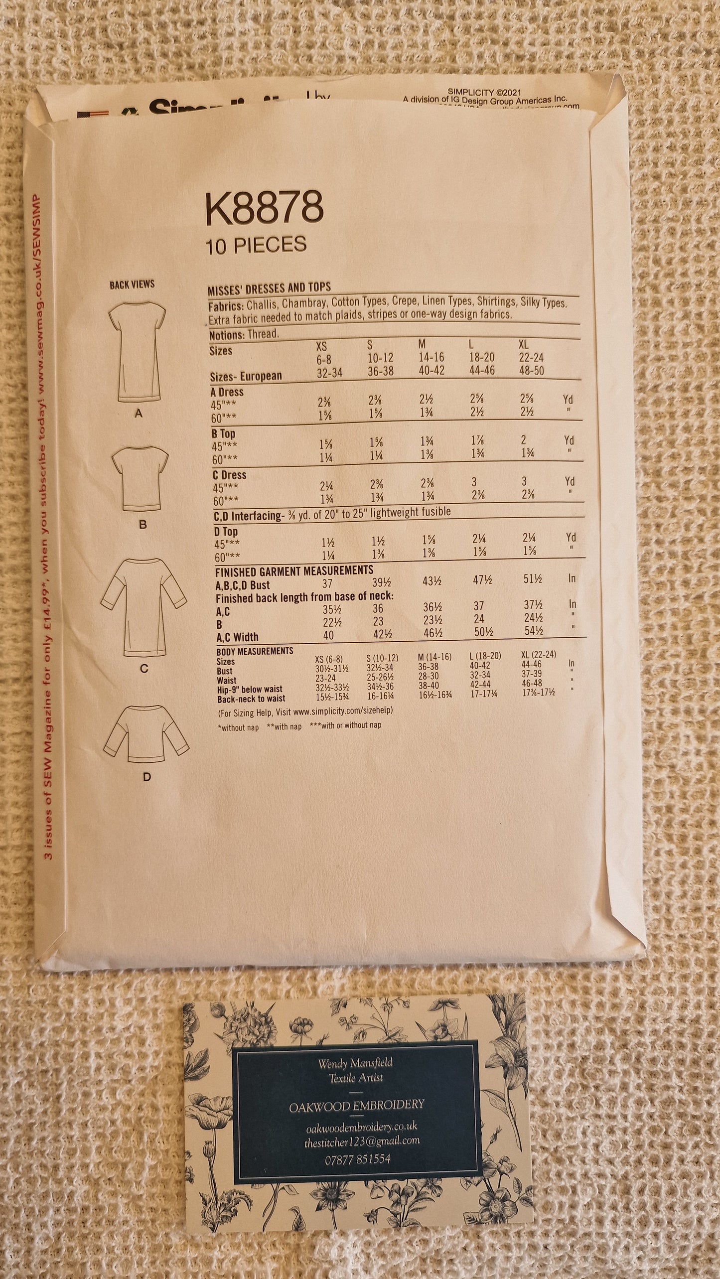 Dressmaking Pattern - Simplicity K8878 - Size XS-XL